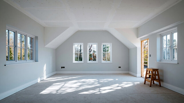 Attic finishing construction site with drywall spackling and plastering before screeding, home improvement concept, with copy space