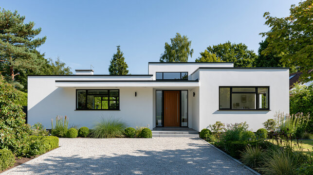 Modern white house exterior with black framed windows and a gravel driveway, well-kept garden and renovation result concept, with copy space
