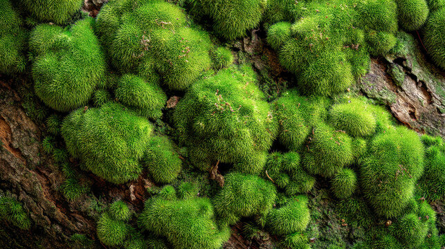Vibrant green cushion moss growing on dark tree bark with dense needle-like texture in soft natural light top-down macro