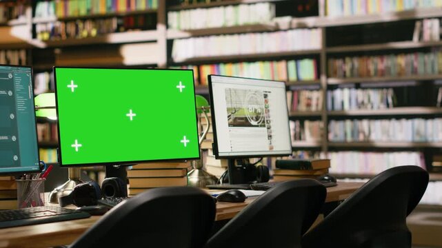 Green screen desktop with multiple monitors showing interfaces in library, IT class computer lab with mockup, library workspace frame beside blurred screens, books, keyboard and headphones.