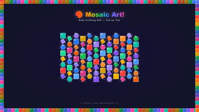 A vibrant Ai Lab Discovery animation showcases colorful geometric puzzle pieces assembling into an organized structure through a series of smooth digital transitions on dark backgrounds
