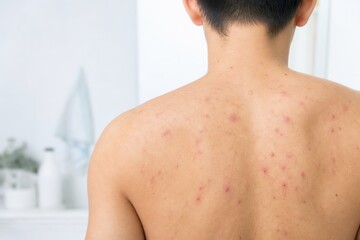 Naklejka premium Back of young man with acne breakouts on bare skin in bathroom