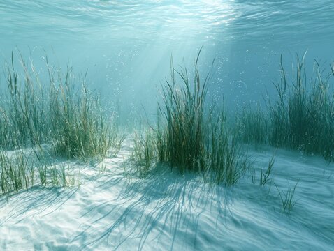 Sunlit Underwater Scene with Green Seagrass and Sandy Bottom Habitat