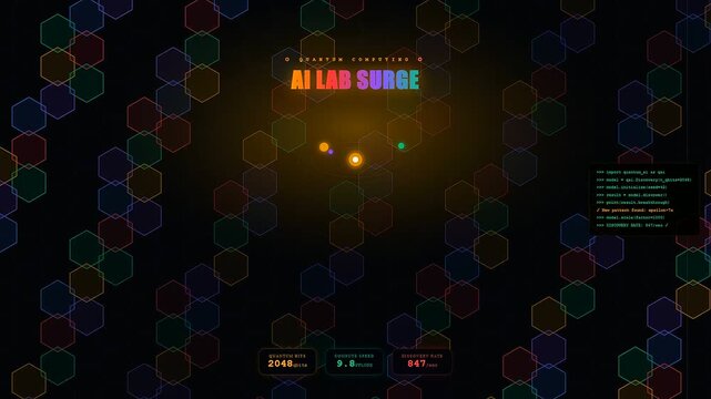 A complex Ai Lab Discovery process visualizes advanced quantum computing calculations with vibrant geometric patterns and scrolling data code streams on a dark digital monitor screen background