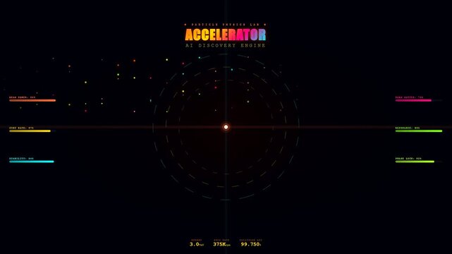 A high tech Ai Lab Discovery interface displays complex particle physics simulations with data monitoring graphs and glowing HUD elements on a dark futuristic digital background