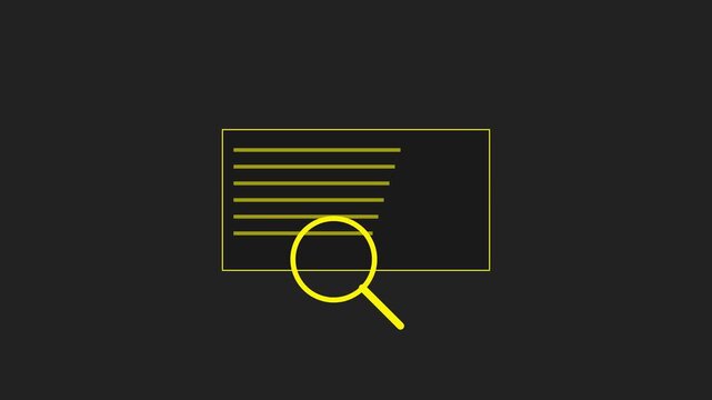 Minimalist search animation: magnifying glass scanning text document for data analysis and digital research concepts 4k