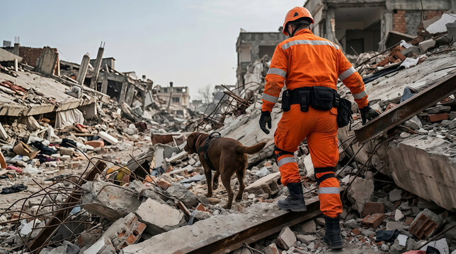 Search and rescue worker with dog in earthquake disaster zone disaster earthquake