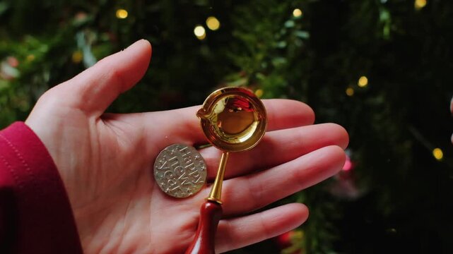 Fortune Telling for Good Luck.A hand holding a spoon with a tin coin ready for casting set against the backdrop of a Christmas tree. 4k footage