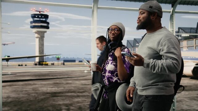 Couple in airport with travel essentials on them looking for boarding gate, for digital itinerary and travel planning concepts.