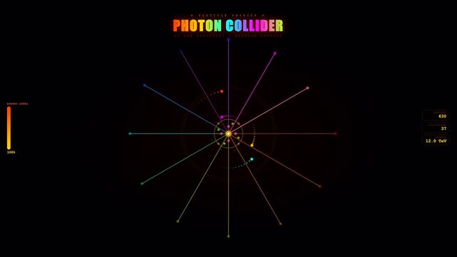 A complex Ai Lab Discovery displays expanding digital particle collision energy levels on a dark interface background with glowing lines and radiant colored light points animation