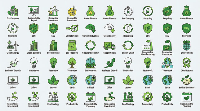 Pattern of repetitive green sustainability icons arranged in a structured layout for environmental business reporting.