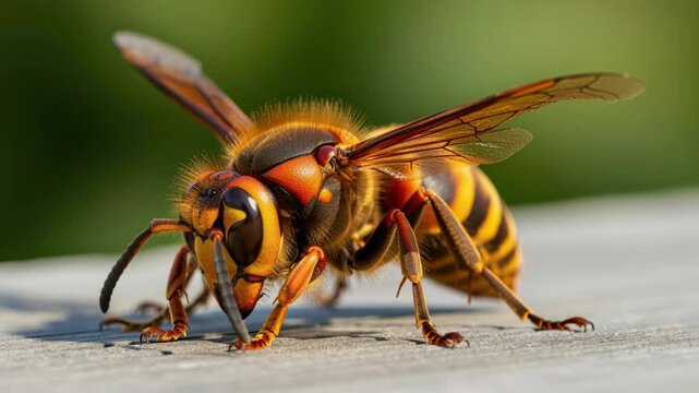 Asian Hornet Close-Up: A striking close-up of an Asian hornet, showcasing its intricate details, segmented body, and formidable mandibles, poised on a textured surface with a blurred green background.