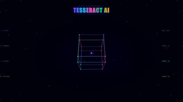 An innovative Ai Lab Discovery features a glowing geometric wireframe structure transforming through multiple phases in a dark virtual space to visualize complex data processing concepts