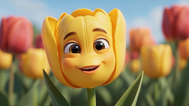 Happy Tulip Character: A charming animated tulip with a smiling face and wide eyes stands out in a field of vibrant tulips, bringing a touch of whimsical delight.