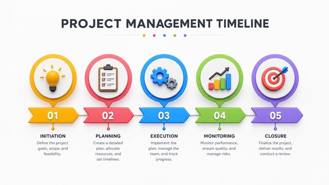 3D Project Management Timeline Infographic with 5 Steps for Business Strategy and Workflow