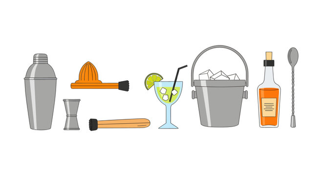 Colorful cocktail ingredients and bar tools for mixology including shaker, citrus, ice bucket, spoon, strainer, garnishes, and glass for bartending or party setting