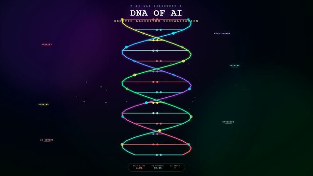 A vibrant Ai Lab Discovery animation displays a glowing double helix structure undergoing dynamic genetic sequence mutations with data streams flowing against a dark digital neon background