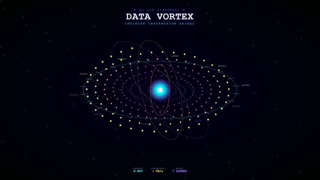 A mesmerizing Ai Lab Discovery visualization shows a glowing digital vortex spinning with orbiting particle rings against a dark background of infinite space and abstract connectivity