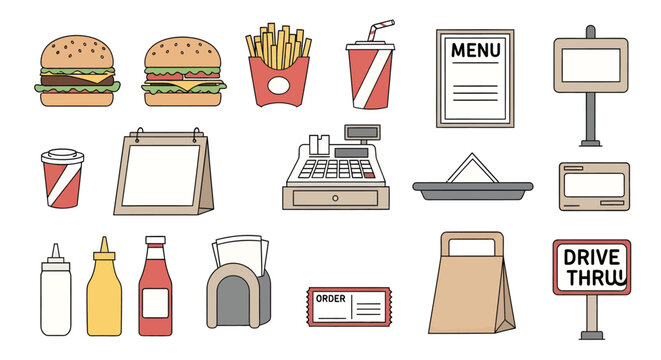 Fast Food and Takeout Icons Collection - Burgers fries soda menu cashier drive-thru restaurant supplies