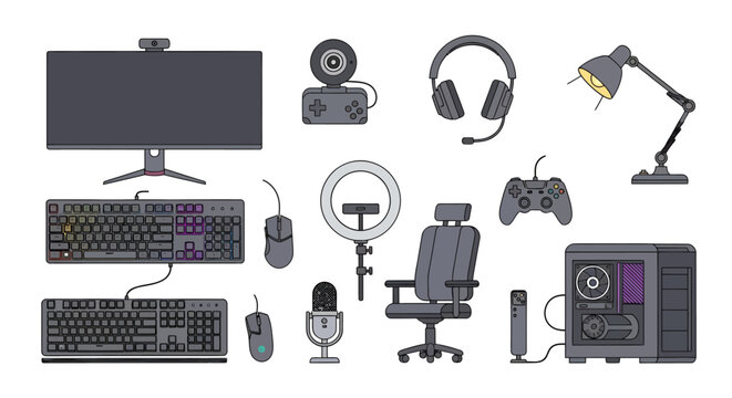 Gaming setup with computer monitor keyboard mouse headphones webcam gaming controller microphone and desk lamp for streaming and online gaming