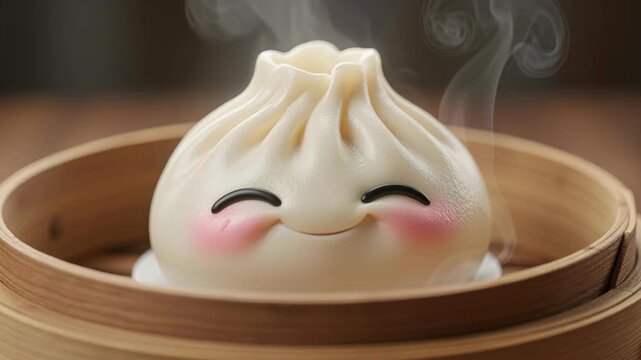 Steaming Dumpling Delight: A charming, cartoon-style steamed dumpling with a joyful face sits in a bamboo steamer, emitting a gentle wisp of steam, representing culinary cuteness.