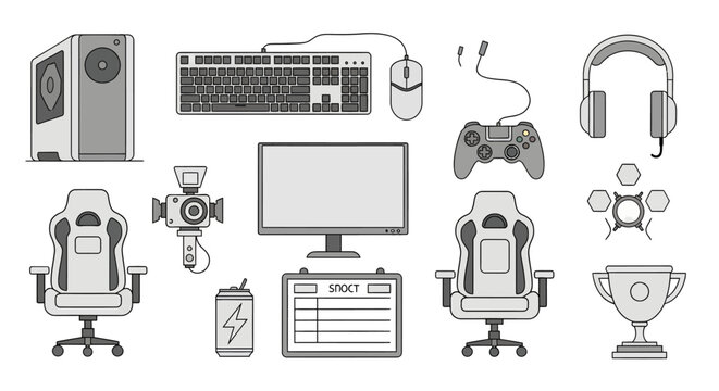 Technology workspace illustration with gaming chair, computer monitor, keyboard, mouse, headphones, camera, and other electronic accessories