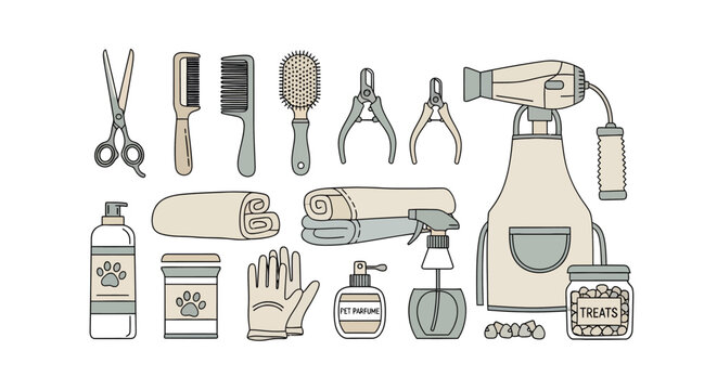 Pet grooming tools and accessories illustration for grooming salon or veterinary clinic, pet care, hygiene, and cleanliness, dog shampoo, pet treats, scissors, combs, brush, clippers