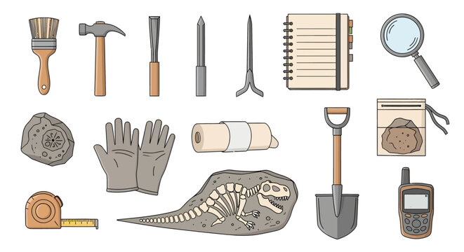 Tools and equipment for excavation and archaeological dig, including brushes, hammers, trowels, notebook, magnifying glass, gloves, and fossils, for research and discovery