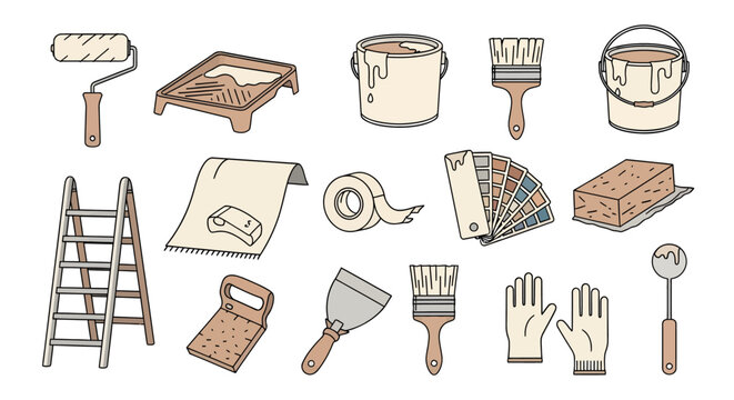 Assorted painting tools and supplies collection including paint roller brush paint bucket ladder tape brush sponge and gloves for home renovation or artistic projects