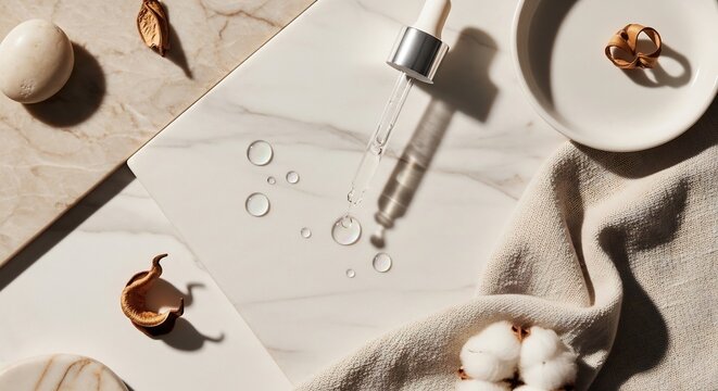 Skincare products on marble surface.