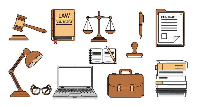 Legal and law-themed office supplies including gavel scales legal books pen notebook briefcase glasses and stack of papers for legal profession