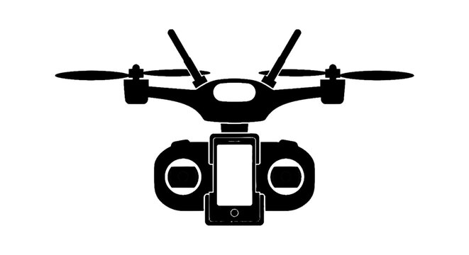 Minimal black silhouette icon, simple flat vector, bold black shape, no gradients, no shading drone with remote controller icon, aerial photography and technology concept on a, flat icon style