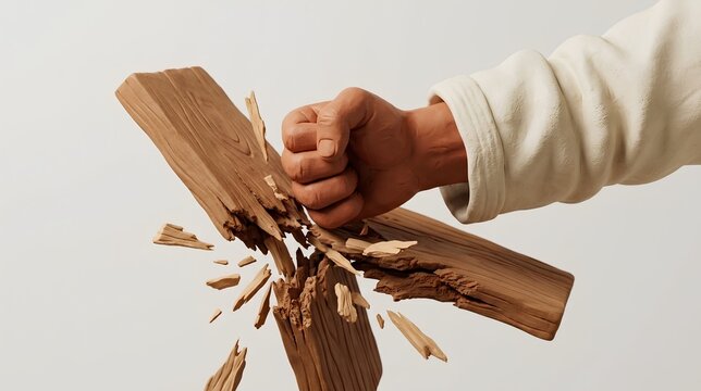 Faceless 3D Puffy Limbs Breaking Wooden Board with Karate Strike on White Background