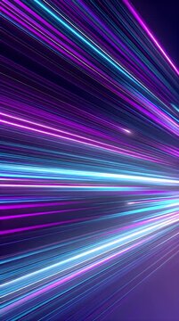 Abstract motion graphic of light speed travel through a digital tunnel of blue and purple neon energy lines