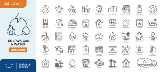 Energy, Gas & Water line editable icon set. Editable stroke. Vector illustration © Cetacons