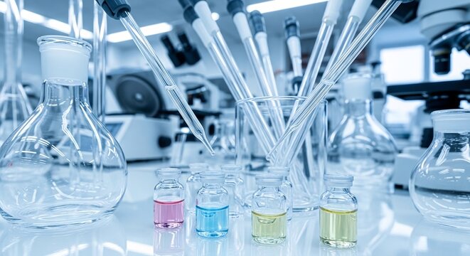 Laboratory glassware with colorful liquids.