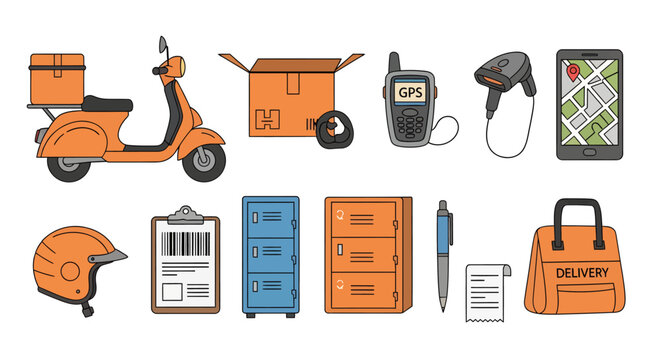 Delivery scooter with packages and tools, urban logistics, courier service, last mile delivery, transportation, parcel handling, courier equipment, city courier, logistics business