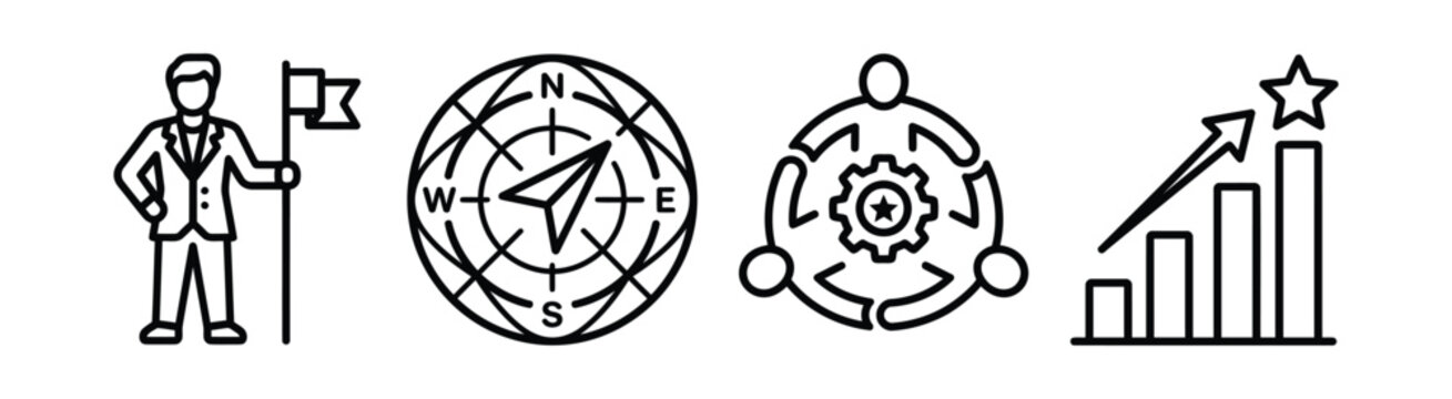Business success leadership vision team work and professional growth progress vector icons.
