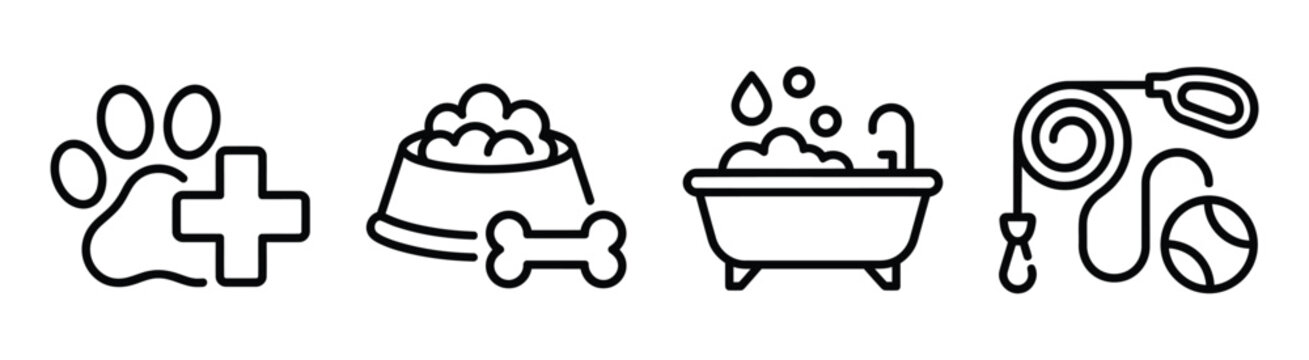 Set of pet care and grooming line icons includes paw print, bowl, bathtub, leash.