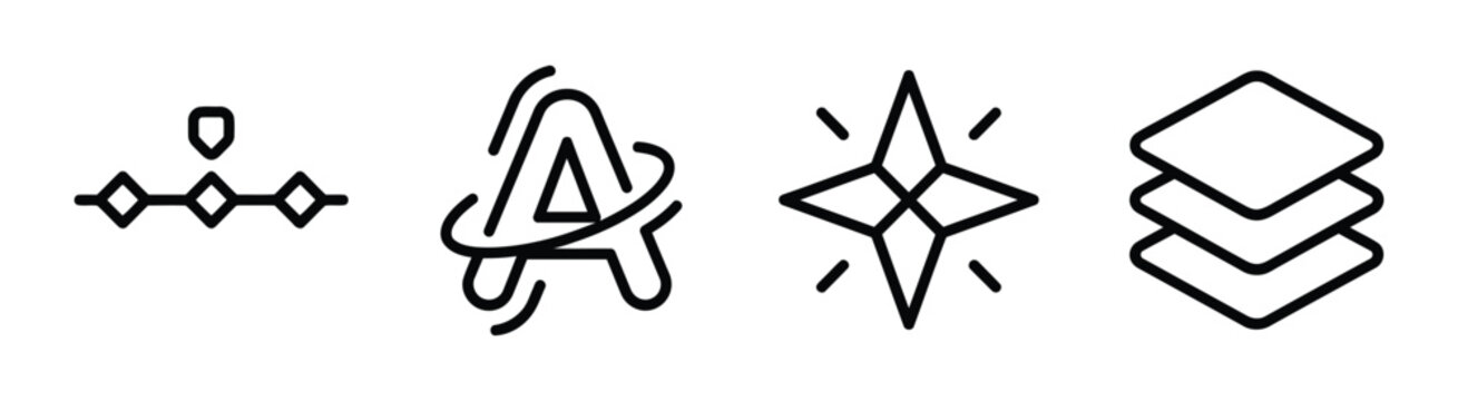Set of abstract and design related line icons includes nodes, letter a, sparkle, layers.