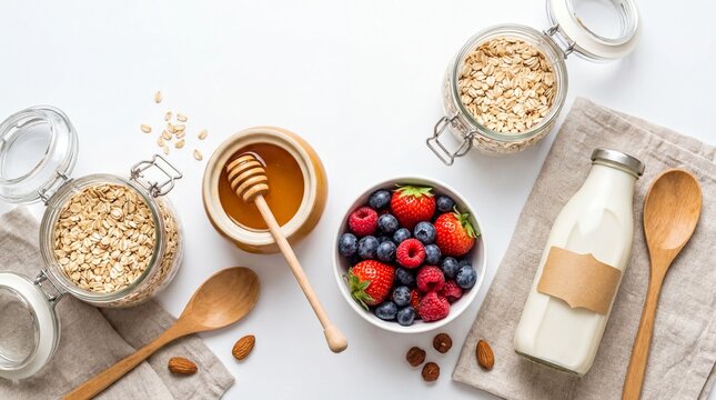 culinary arrangement, an inviting arrangement of oats, honey, berries, and almond milk