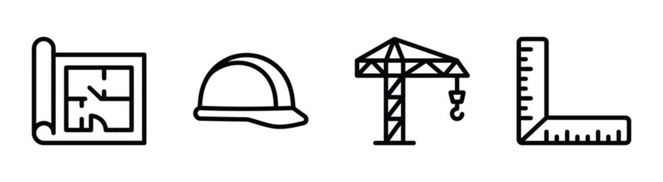 Set of construction and measurement line icons includes blueprint, helmet, crane, ruler.