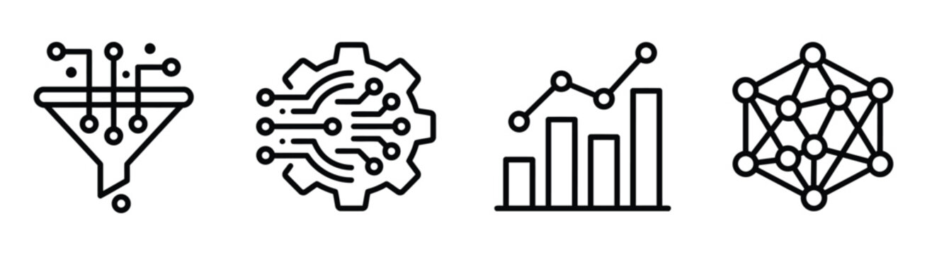Set of four outline icons representing artificial intelligence machine learning data analysis.