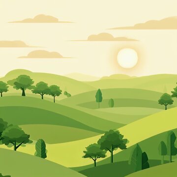 Rolling green hills landscape illustration at sunrise with soft golden light and gentle grassy slopes for nature and environmental background concepts