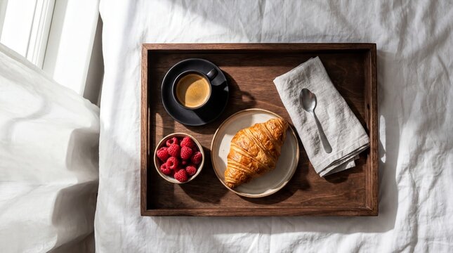 luxury breakfast setup, a luxury breakfast tray features espresso, a golden croissant, and raspberries