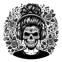 Fototapeta premium Messy Bun Girl Skull Skeleton Face with Headphones Surrounded by Musical Notes and Roses in Black and White Illustration