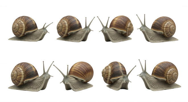 eight snails in various poses on a white backdrop movement and perspective educational or nature content