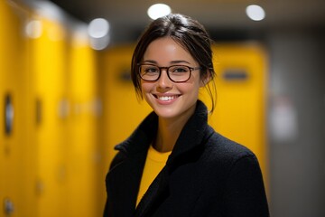 Obraz premium Smiling female professional holding a cardboard parcel with modern office interior background.