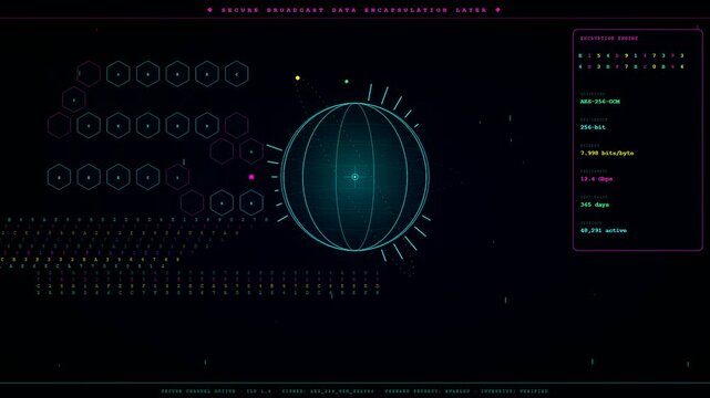 A futuristic broadcast data overlay features a rotating digital globe surrounded by glowing hexagonal nodes and scrolling alphanumeric encryption codes for a high tech cybersecurity visual.