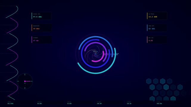 This futuristic digital interface featuring a broadcast data overlay moves with pulsing radio waves and rotating circular telemetry graphics for high tech communication signal monitoring.